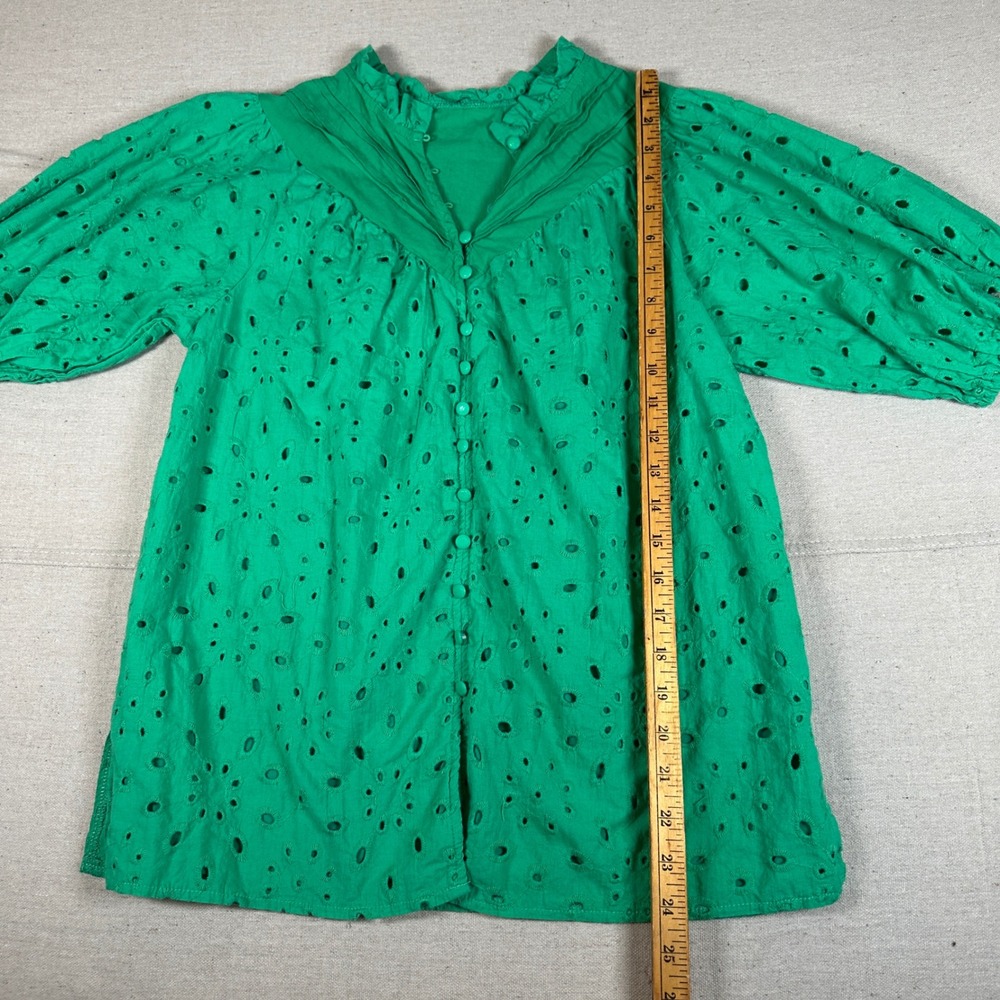 Green Eyelet‎ Cotton Blouse Ruffle Neck Balloon Sleeve Button Up Small spring - Picture 5 of 5